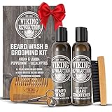 Viking Revolution Beard Brush and Comb Set with Peppermint Eucalyptus Beard Wash and Conditioner (5 Oz each) - Grooming Kit for Men with Argan and Jojoba Oils - Gifts for Men