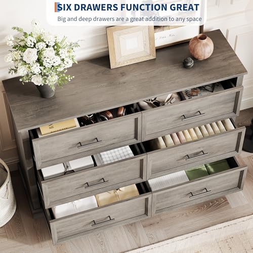 GarveeHome Farmhouse 6 Drawers Dresser, 47" Long Wood Closet Dressers Organizer, Rustic Chest of Drawers for Bedroom Living Room Hallway Entryway, Wash Grey