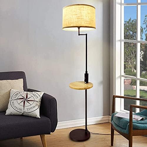 Depuley Modern Black LED Floor Lamp with Wooden Storage Shelf, 3000K Warm White, Builted-in USB Port Standing Reading Lamp, Eye-Caring LED Floor Pole Light for Living Room, Bedroom(9W E27 Bulb Incl)
