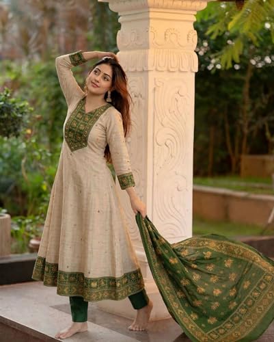 Image of ANNI Designer Kurta Sets for Women Viscose Printed | Kurta Pant Dupatta Set | A-Line Kurti Set for Women | Round Neck 3 /4 Sleeve Ethnic Suit | Designer Indian Kurti Outfit with Pants
