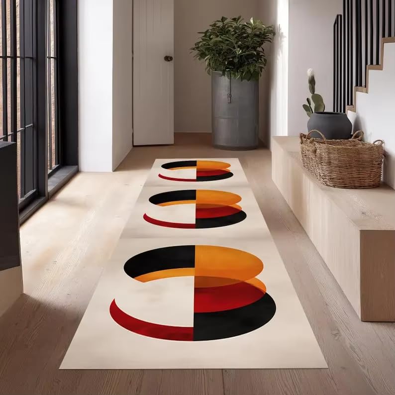 Tapis géométrique abstrait lavable : la solution déco anti-tache pour couloir