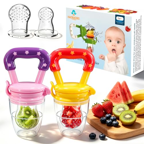 Image of HAOBAOBEI Baby Fruit Feeder Teether, 2 Pack Silicone Baby Food Feeder with 4 Silicone Pouches in 3 Sizes for Fruits, Vegetables, Frozen Breastmilk (Pink Yellow)