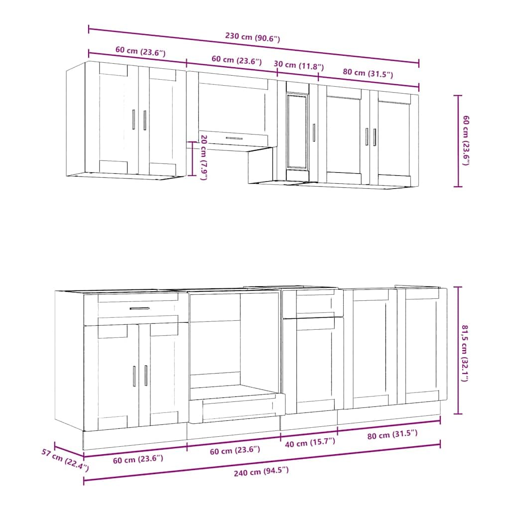 8-TLG. Küchenschrank-Set Holzwerkstoff, Küchenzeile Einbauküche, Schrank-Set, Unterschrank, Küchenschrank, Hängeschrank Altholz