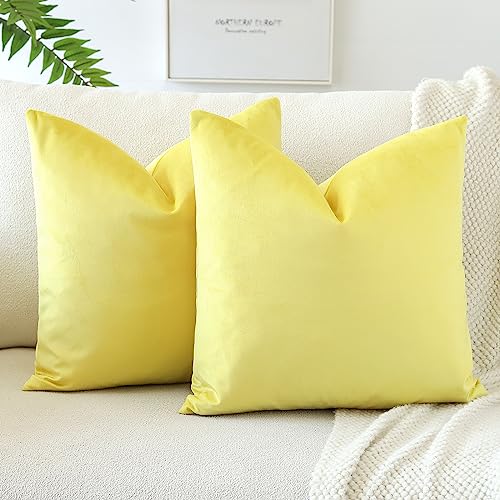 JOTOM Set of 2 Velvet Soft Solid Cushion Covers 45x45 cm Decorative Throw Pillow Covers Square Cushion Case Home Decor Pillow Cases for Couch Sofa Living Room Bedroom 18x18 Inch (Lemon Yellow)