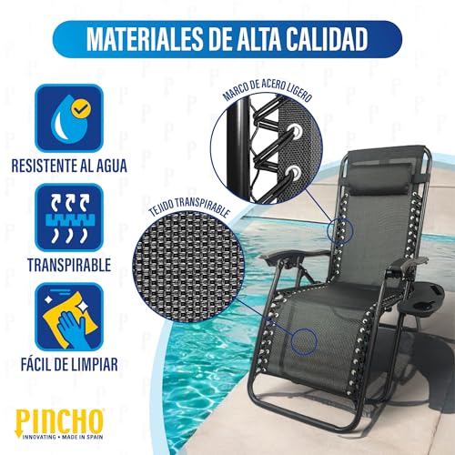 Miniatura 5 de Pincho Tumbona Jardin Exterior Plegable De Gravedad Cero - Pack 2 Sillas Reclinables O Hamacas Para Playa, Terraza Y Camping Con Portavasos, Ligeras Y Cómodas Negro