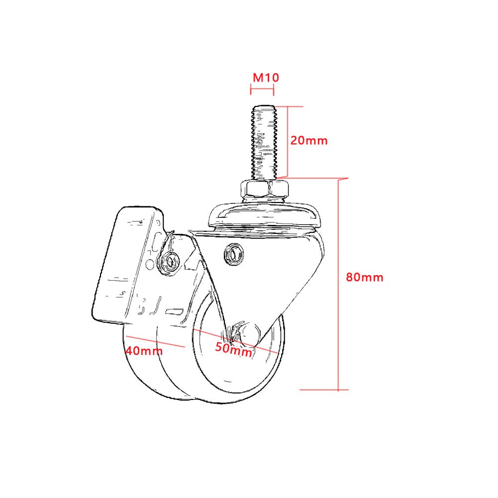 2‘’ 50mm Gewinde M10 Möbel Rollen Doppelrad Schwerlastrollen 200kg Leise TPR Gummi Lenkrollen mit Bremse Stahlhalterung Für Krippe Babybett Bürostuhl Tabelle Wagen Industrietransport 4 Stück