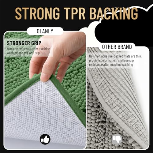 Image of OLANLY Thick Bathroom Runner Rugs 44x24, Extra Absorbent Chenille Striped Bath Rugs, Rubber Backing, Machine Wash Dry, Long Bath Mats for Bathroom, Tub and Shower, Home Decor Accessories, Olive Green
