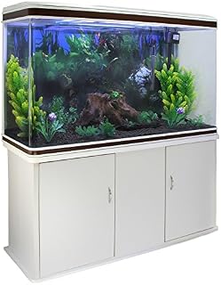 Monster Shop Large Fish Tank 4ft 300L Aquarium Marine Tropical Salt Water Freshwater & Complete Starter Kit, Filter, Air Pump, Heater, LED Light, Accessories/White Cabinet Stand, 25kg Black Gravel