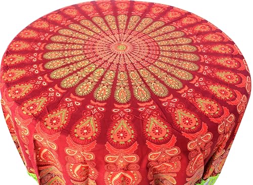 Image of Dining Round Tablecloth 100% Cotton Multicolor Floral Bird Printed 4-6 Seater Round Table Cover with White Fringed Lace Border 75 inch (Maroon- RHF-5006)