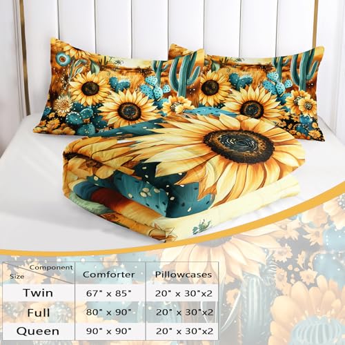 Image of AILONEN Sunflower Full Bedding Set,Yellow Sunflower Green Cactus Western Comforter with 2 Piowcases,3-Piece Watercolor Bed Set for Room Decor