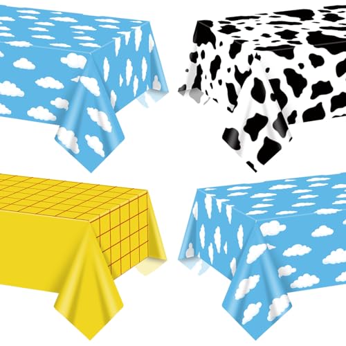 QUERICKY 4 Pack Story Tablecloths Mix Color Plastic Table Cover Cow Pattern Printed Check Tablecover Story Birthday Party Supplies for Boy Baby Shower Decorations 87 x 51 inch