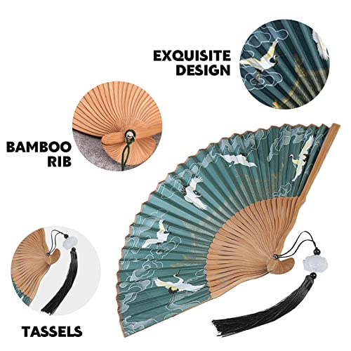 Hand Held Fan | Hand Fans For Women Foldable | Portable Folding Fan | Chinese Vintage Hand Fan With Bamboo Frame | For Dancing Cosplay Wedding Party Props Decoration | 1Pc,Green #TOP2