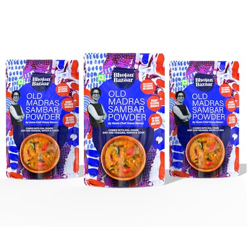Bhojan Bazaar Old Madras Sambar Powder - Pack of 3, 70 g Each | No Onion No Garlic Ready To Cook in 10 min | Serves 4 | South Indian Sambar With Dal | Free From Preservatives, Colours & Flavours