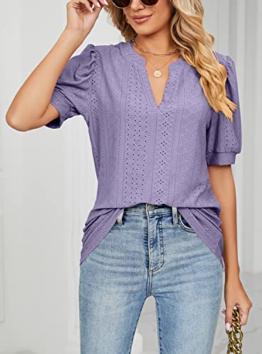 Womens Tshirts Shirts Puff Sleeve Elegant Blouses Eyelet Dressy Tops Summer Clothes Purple Xl #TOP1