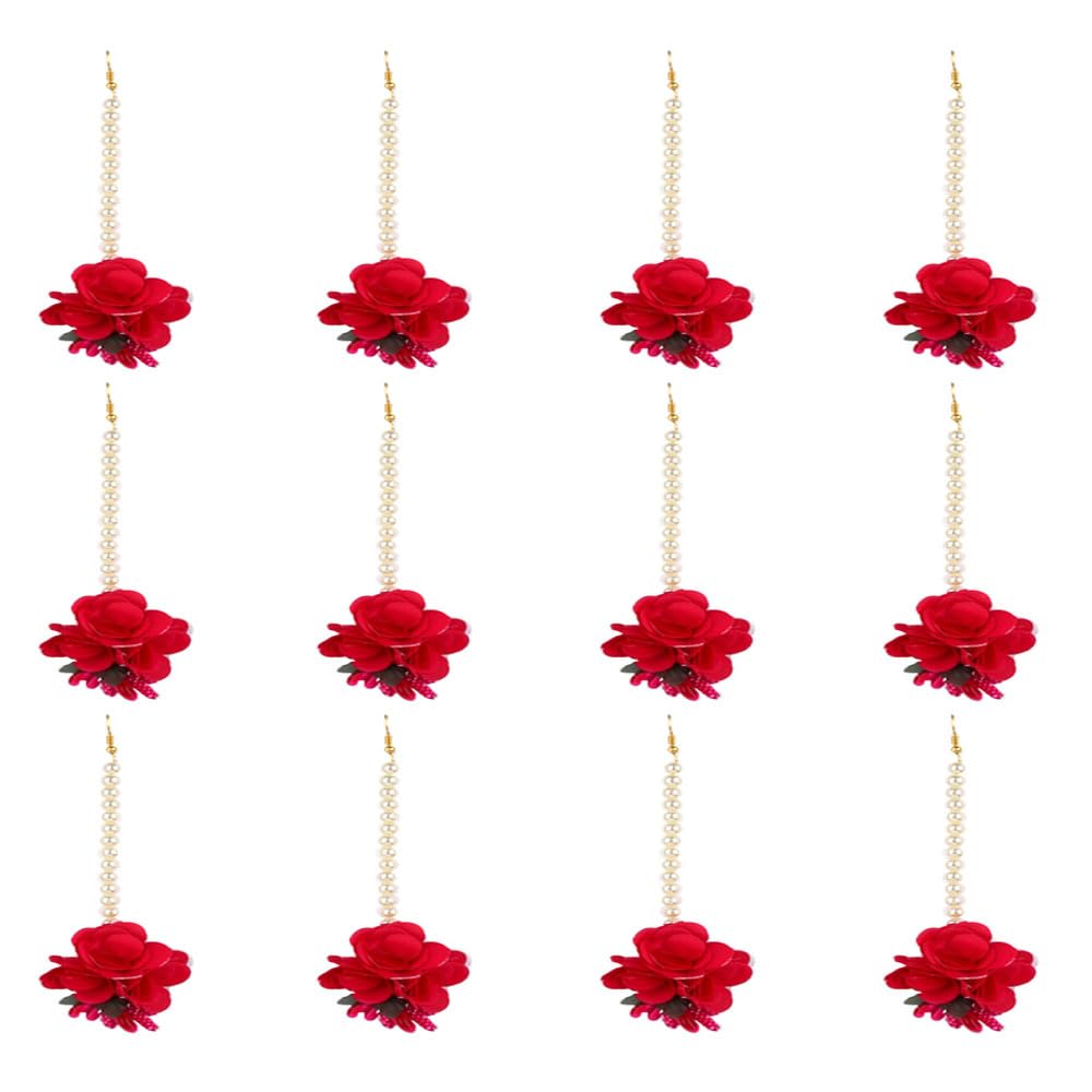 Plus Ethnics Flower Pink Fabric Along with Pearls Brass Maang Tikka for Women,Pack of 12 ; MangTika Set for Wedding | Baby Shower | Shaadi| Haldi | Mehandi.-image-47