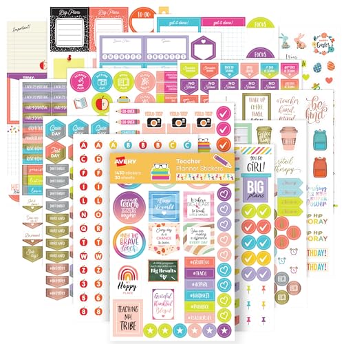 Avery Teacher Planner Stickers Pack, 30 Sticker Sheets, 1,430 Total, Education Planners, Journals or Calendars (6781)