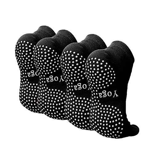 CaiDieNu Yoga Socks for Women Non Slip Pilates Socks with Grips Full Toe Cotton Socks 4 Pairs, UK 3.5-7.5, Black