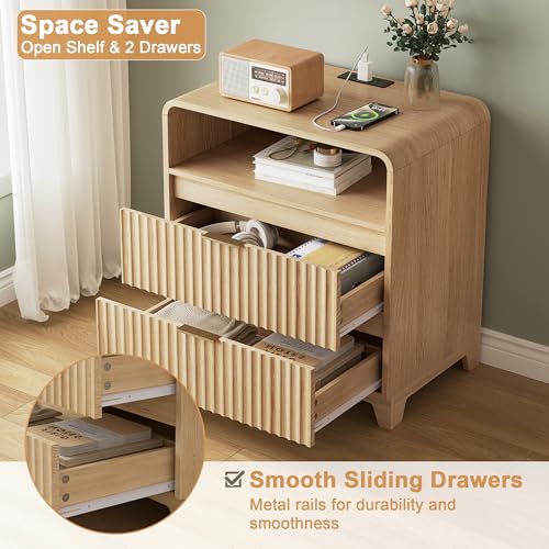 Image of Fluted Natural Nightstand Set of 2, 24 Inch Bedside Table with Charging Station, Modern Wood Night Stand with 2 Drawers and Open Shelf, End Table for Bedroom, Natural Oak