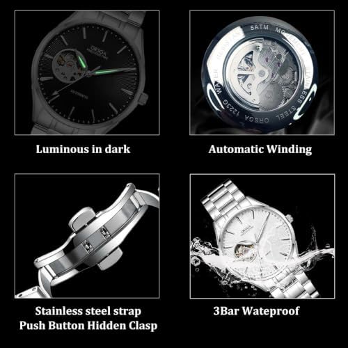 Palamaka Automatic Mechanical Watch Hollow Dial Luminous Hand Waterproof Steel Band (Black-Blackstrap) - 3