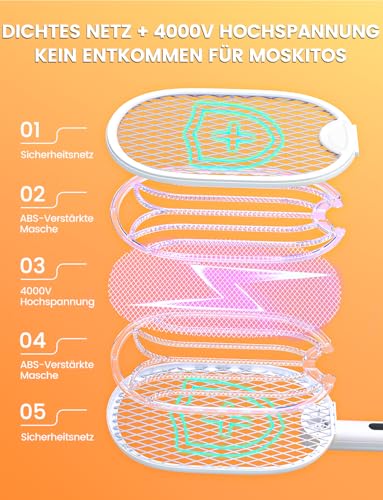 WOCVRYY Elektrische Fliegenklatsche Extra Stark 4000V 1800mAh 3 in 1 Akku Aufladbar Elektro Mückenklatsche mit USB Typ-C Wiederaufladbarer LED-Licht Zusammenklappbar für Mücken(Schwarz)