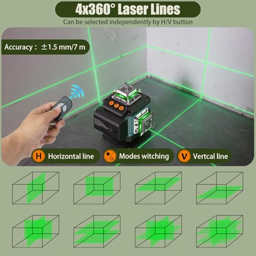 Miniatura 3 de Nivel Laser Autonivelante 360 Grados,4x360 16 Líneas Nivel Laser Verde, 360 Líneas Vertical Horizontal Conmutables Con 2 Batería,Soporte Magnético, Ajuste De Brillo,Control Remoto,Bolsa Portátil