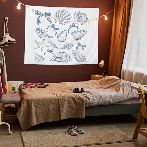 AQYIP Coquette Blue Bow Seashell Ocean Beach Tapestry Wall Hanging, Preppy Beach Tapestry Decorative, Blue Coastal Wall Blanket Decor for Girls Room Dorm Apartment Bedroom, 50x60 Inch - Thumbnail 6