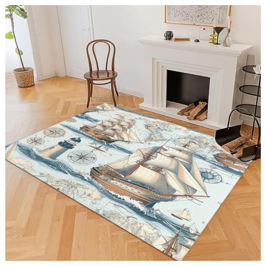Tapete temático náutico, bússola, veleiro, 10 x 10 cm, para quarto, sala de estar, tapete grande estampado de cor clara e lavável, antiderrapante, tapete de piso interno e decoração de casa
