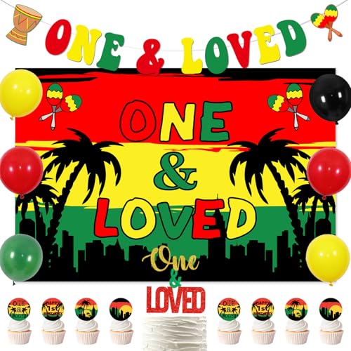 Decoración de fiesta de primer cumpleaños de Reggae One and Loved Reggae para primer cumpleaños, telón de fondo para tarta de palmera, reggae para fiesta de cumpleaños temática de música rastafari