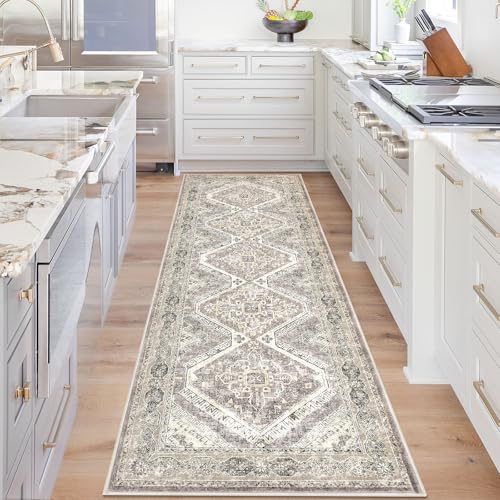KUTA Oriental Washable Runner Rug, 2.6x8 Runners for Hallways Non-Slip Vintage Ivory Grey Yellow Kitchen Runners Ultra Soft Printed Distressed Tribal 8ft Floor Carpet Rugs for Stairway Bedroom