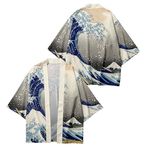 Image of DOSLAVIDA Men's Japanese Kimono Jacket Set Stylish Open Front Coat With Shorts Chinese Style Printed Cardigan Suit