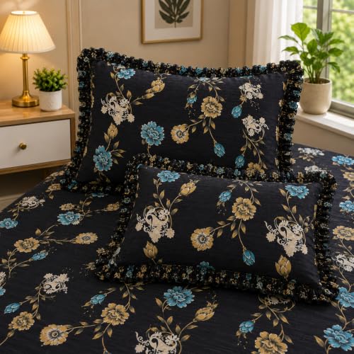 Image of Fitted Bedsheet Queen Size 300 TC Soft Cotton Feel Microfiber All Around Elastic Fitted Double Bedsheet with 2 Frill Pillow Covers | Size (60x78) Black Aqua