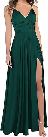 RYANTH Long Bridesmaid Dresses for Women Formal Satin Spaghetti Strap Prom Evening Gowns RYZ054