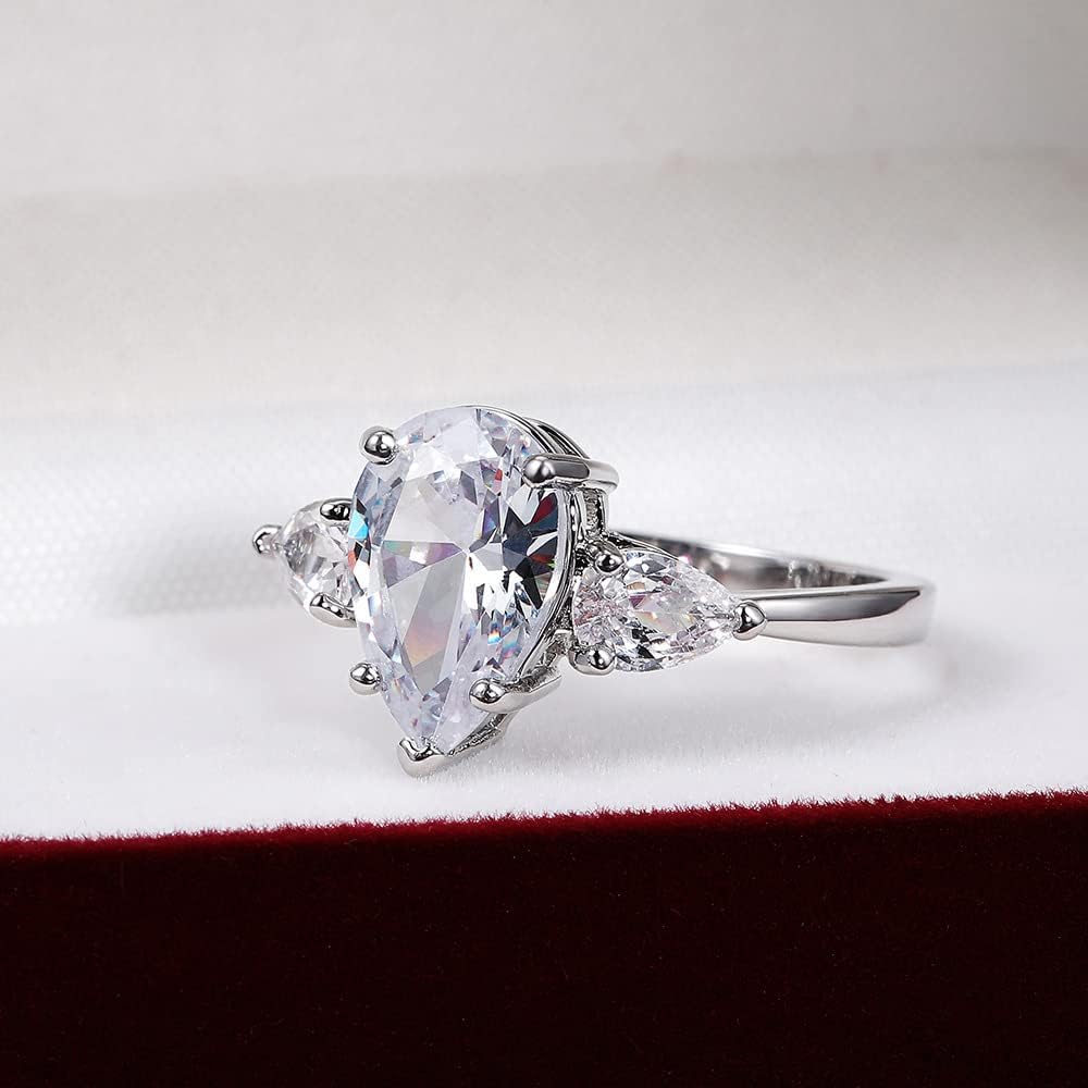 Shining Classic Plated Silver Pear Cut Teardrop Halo Cubic Zirconia CZ Statement 3-Stone Eternity Wedding Engagement Ring for Women (US size 7)