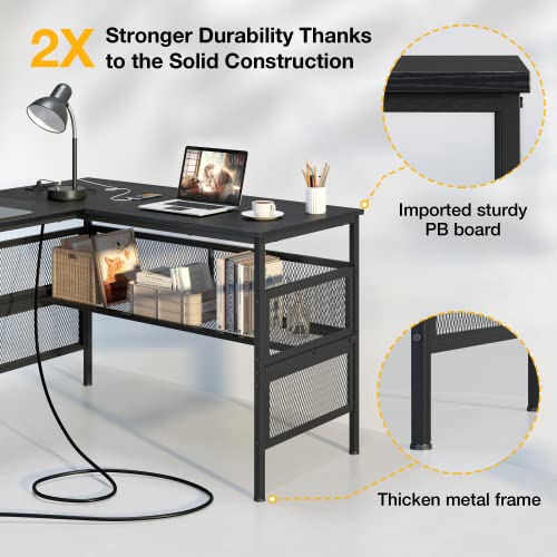 Mr Ironstone L Shaped Desk With Power Outlet, Computer Desk With Storage Shelves, Gaming Desk With Usb Charging Port, Home Office Corner Desk, L-Shaped Office Desk For Studying/Writing/Gaming - Black #TOP5