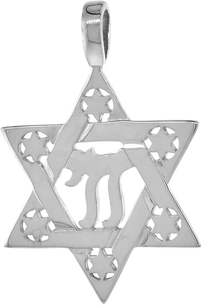 Collar pequeño de plata de ley de 78 pulgadas con estrella judía de David para hombres con centro de Chai impecable acabado 15.7-23.6in