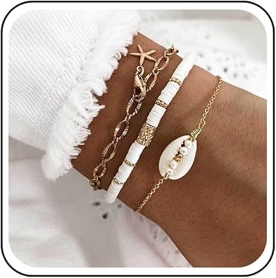 Vintage Layered Heishi Surfer Bracelet White Heishi Bead Bracelets Gold Pearl Cowrie Bracelets Adjustable Handmade Bracelet Jewelry for Women