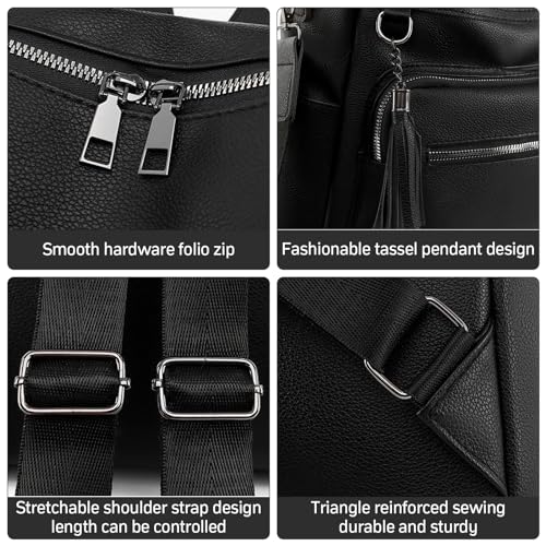 Shengxi Rucksack tasche 2 in 1 damen, Soft Leder handtasche Rucksack für Damen, Damen Freizeit multifunktional rucksack mittelgroß für den täglichen Gebrauch auf Reisen, Arbeit und Schule, schwarz