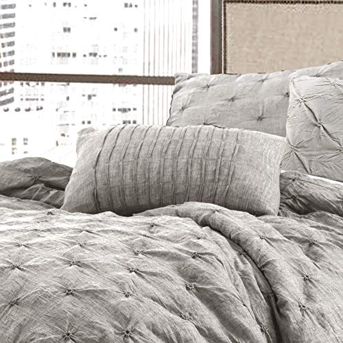 Hnu 5 Pieces Pintuck Comforter Set Full - Queen, Gray Farmhouse Mid-Century Modern Scandinavian Bed Comforter Set, Solid Color Textured All Seasons Crinkled Microfiber Soft Cozy Comfy #TOP2