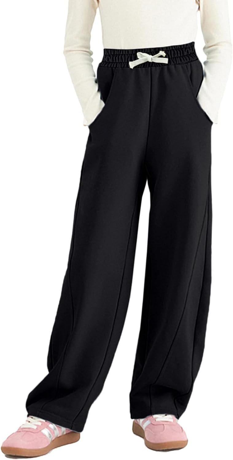 Rolanko Girls Wide Leg Sweatpants Straight Pants for Kids Girls Trousers with Pockets Sweats 4-14 Years