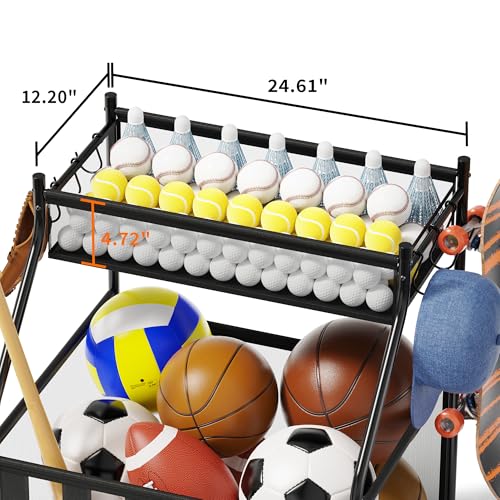 CACHOLIV Garage Sports Equipment Organizer with Wheels - Garage Ball Storage with Elastic Rope and 6 Hooks - Home Gym Storage for Basketball Soccer - Outdoor Storage Rack for School Playground (Black) by CACHOLIV - Image 6
