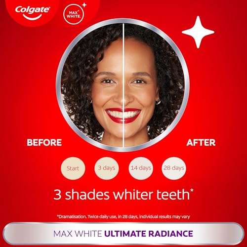 Colgate Max White Ultimate Radiance Whitening Toothpaste Deeply whitens with Active Oxygen Molecules for 10X Whiter Teeth*. *Stains Caused by Food & Drink vs Fluoride Toothpaste After 3 Days.