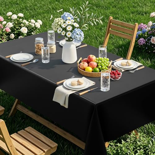 Image of Smiry Rectangle Table Cloth 60x140 Inch, Waterproof Wipeable Vinyl Tablecloths Protector, Oil Spill Proof Plastic Table Cover for Dining, Picnic, Camping, Outdoor, Black
