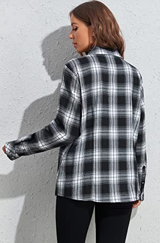 Kevamolly Plaid Long Sleeve Flannel Shirts For Women Loose Fit Boyfriend Button Down Shirt Casual Flannel Blouse Tops Black White L #TOP1