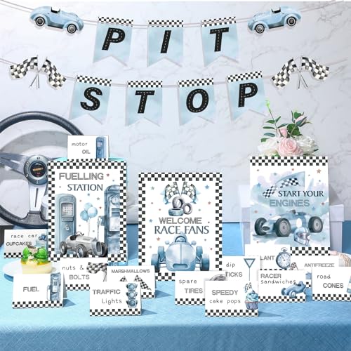Sonwyoung 19 Pcs Race Car Birthday Decorations, 2 Fast Dusty Blue Checkered
