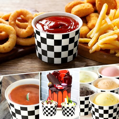 Image of Zopeal 50 Count Black and White Checkered Ice Cream Cups 9 oz Race Car | Disposable Dessert Bowls, Paper Ice Cream Bowls, Birthday Party Supplies, Snack Cups Sundae Picnic Yogurt Bowls for Food