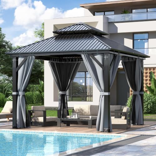GARTOO 9.5x9.5FT Outdoor Hardtop Gazebo with Double Roof - Heavy-Duty Steel Top Gazebo with Breathable Netting & Privacy Curtain for Patio, Porch, Garden, Lawn, Deck, Backyard