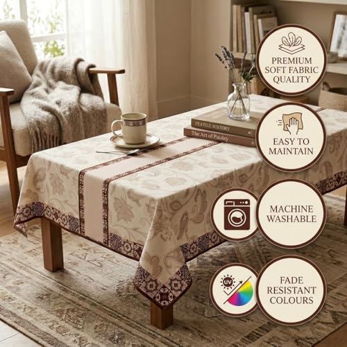 Image of Table Cover (152x101 cm) Brown Printed Border| Polyester Table Cloth | Washable Dustproof Rectangular Table Cover for Home & Kitchen