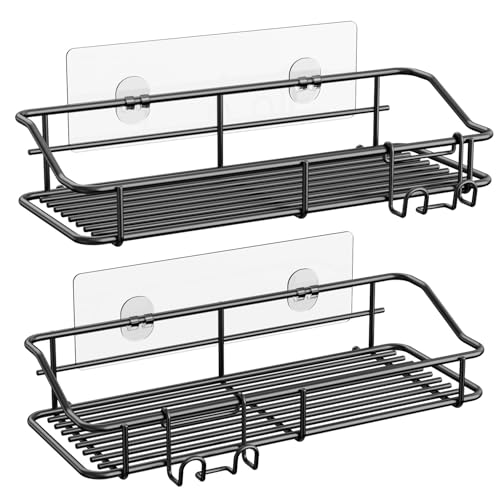 Image of Nieifi Shower Shelf without Drilling, Shower Baskets Shelves with Hooks, Self-Adhesive, Bathroom Shelf, Storage Rack, for Bathroom, Washroom, Kitchen, Stainless Steel Design, Pack of 2, Black