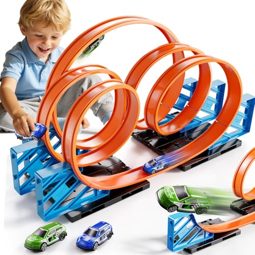 GOGIHCCH Race Track Car Set for Kids Ages 3-5 4-8, Toy Car Track Set for Boys 3+ with 5 Rotating Track, Race Car Track with 2 Small Cars, Boys Toy, Gifts Toys for Kids 3 4 5 6 7 8