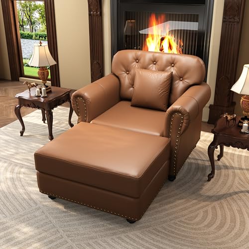 Image of KEIKI 41 inch Faux Leather Chesterfield Sofa with Rolled Arms & Nailhead Trim & 1 Ottoman, 1-Seater Button Tufted Couch with High Resilience Cushion & 1 Pillow, Easy Assembly, for Living Room, Brown